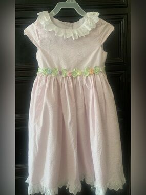 Girls Pink Seersucker Dress with Lace Collar and Flower Belt